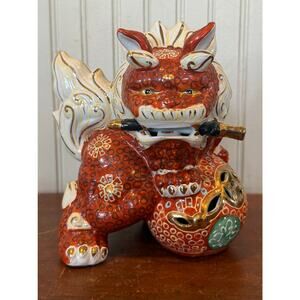 Ceramic Shisa Lion Foo Dog Figurine Red Gold White Vintage Decor